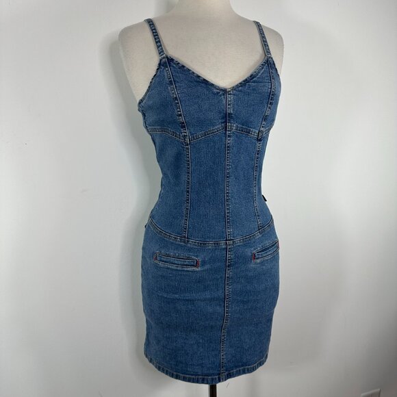 Vintage Y2K Tommy Hilfiger Denim Mini Dress Fitted Stretch Americana Size XS - Picture 2 of 12